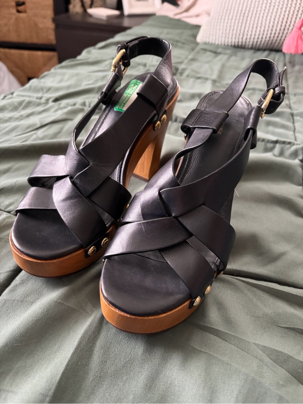 Coach Black Leather Platform Slingback Sandals with Wood Heel